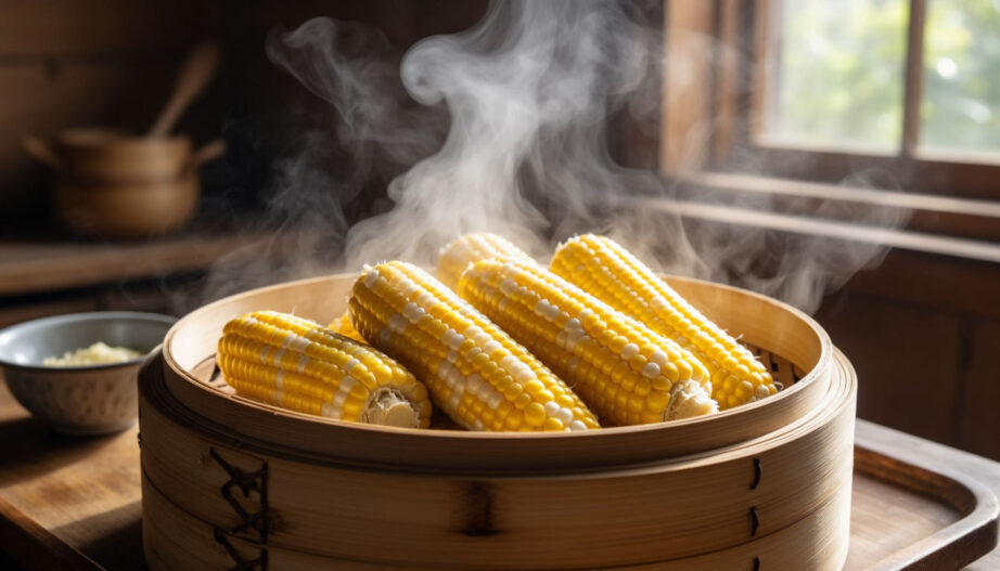 Процесс приготовления сочной желтой кукурузы в бамбуковой пароварке
