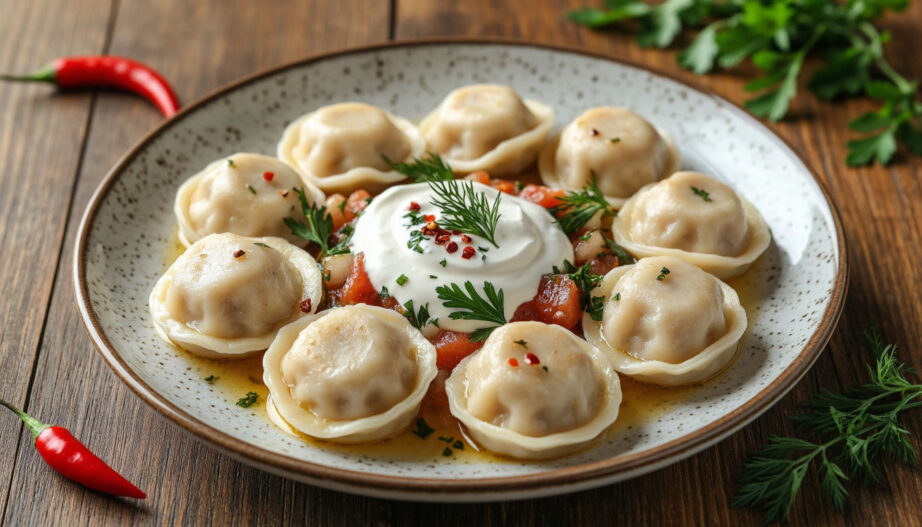 Тарелка варёных пельменей, сметана, зелень, укроп, красный перец