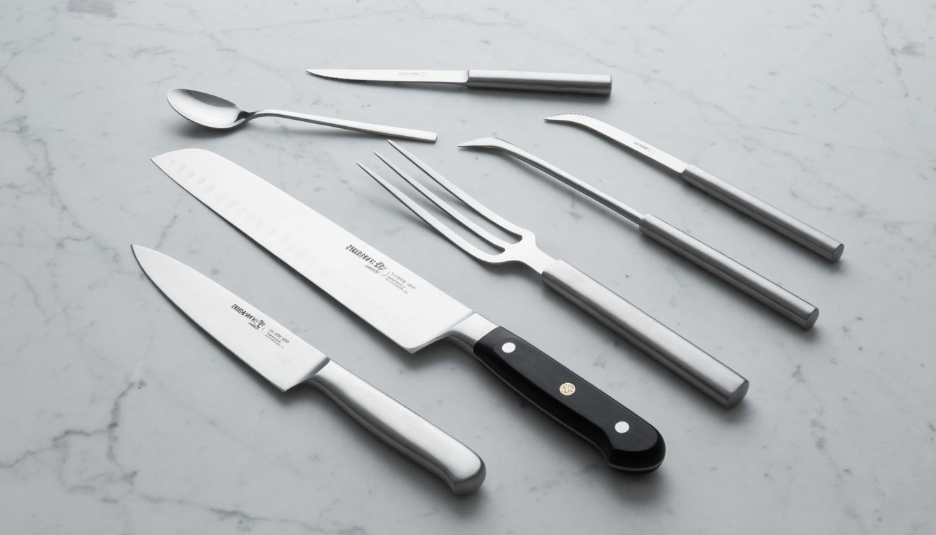 Профессиональный набор кухонных инструментов на светлом фоне