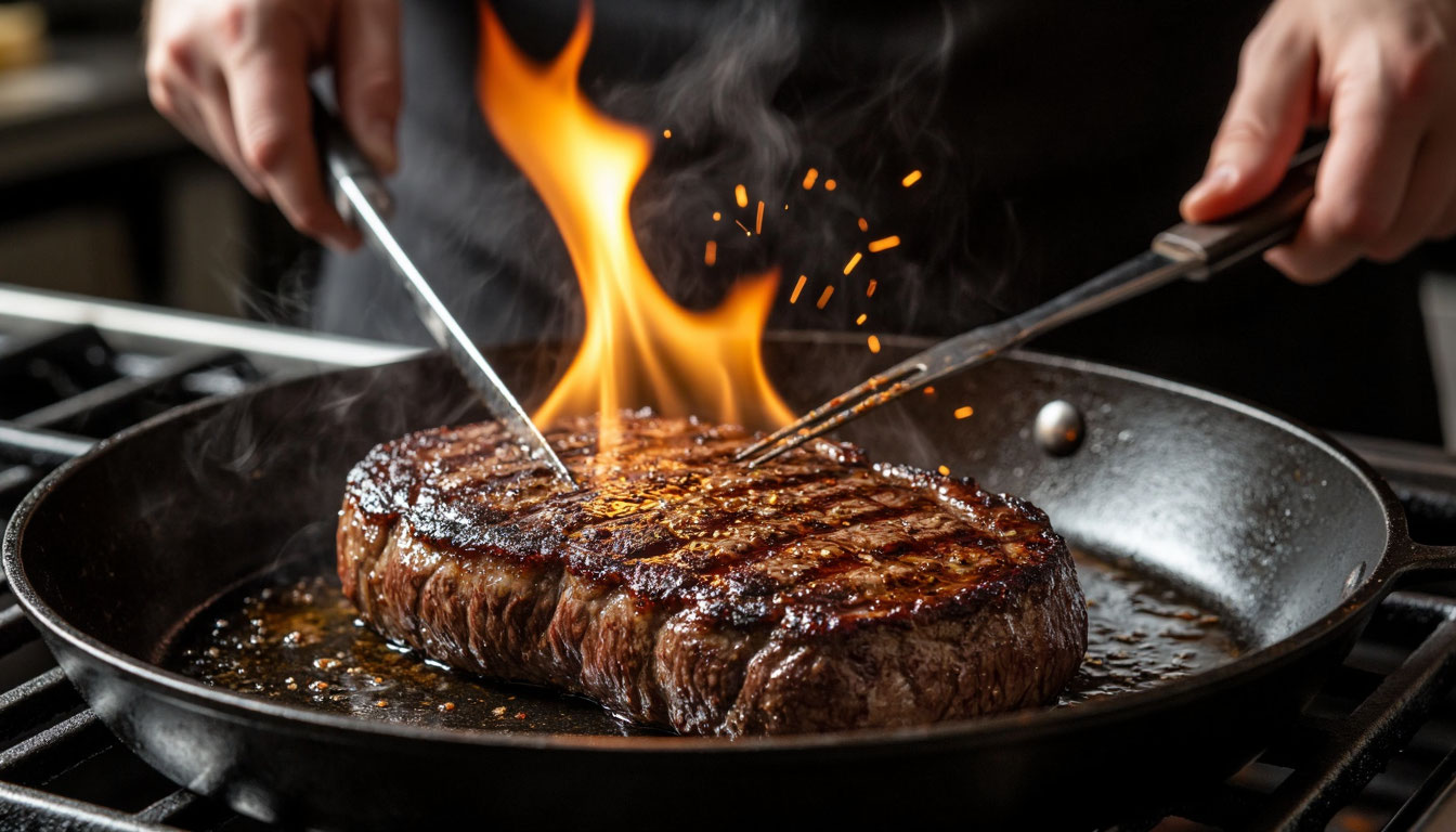 Процесс обжарки стейка на сильном огне, реакция Майяра в действии