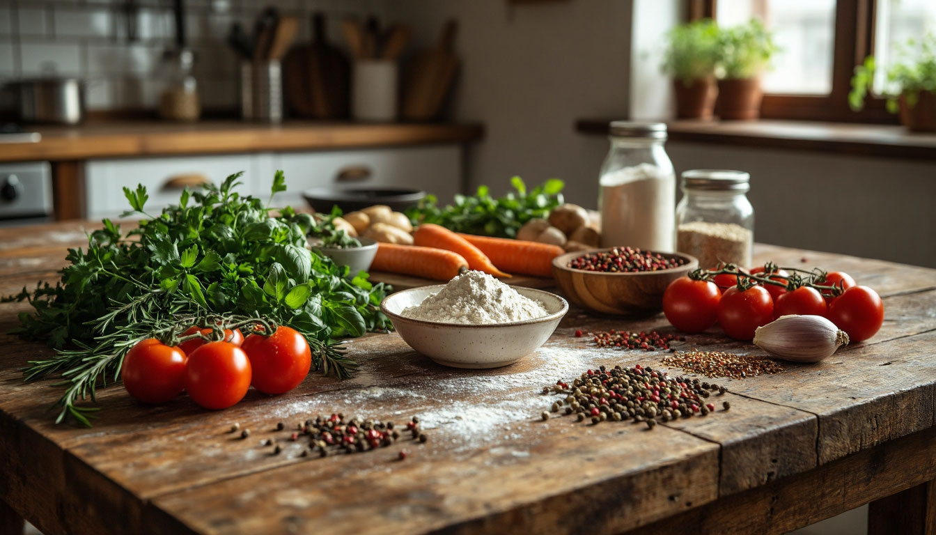 Свежие ингредиенты на деревянном столе как основа кулинарного искусства