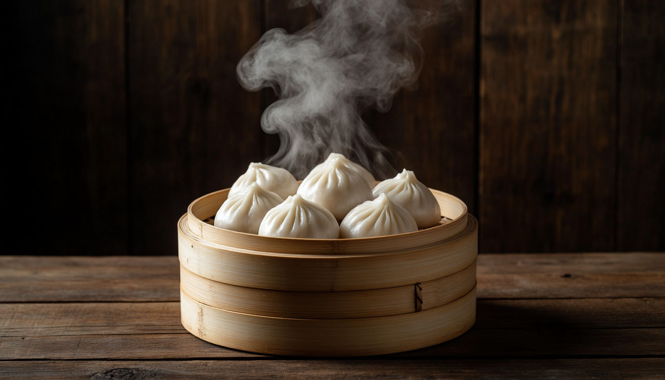 Паровые булочки баоцзы в бамбуковой пароварке