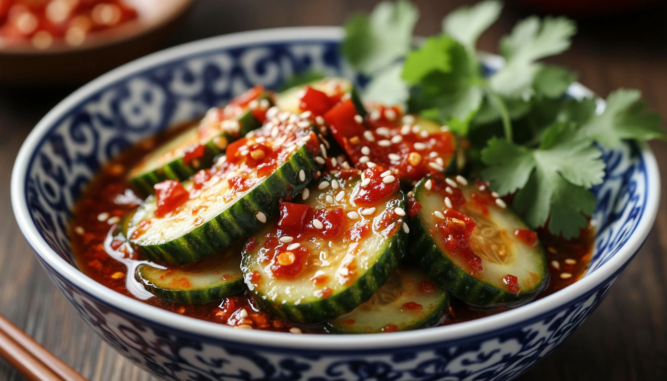 Острые китайские битые огурцы с маслом чили