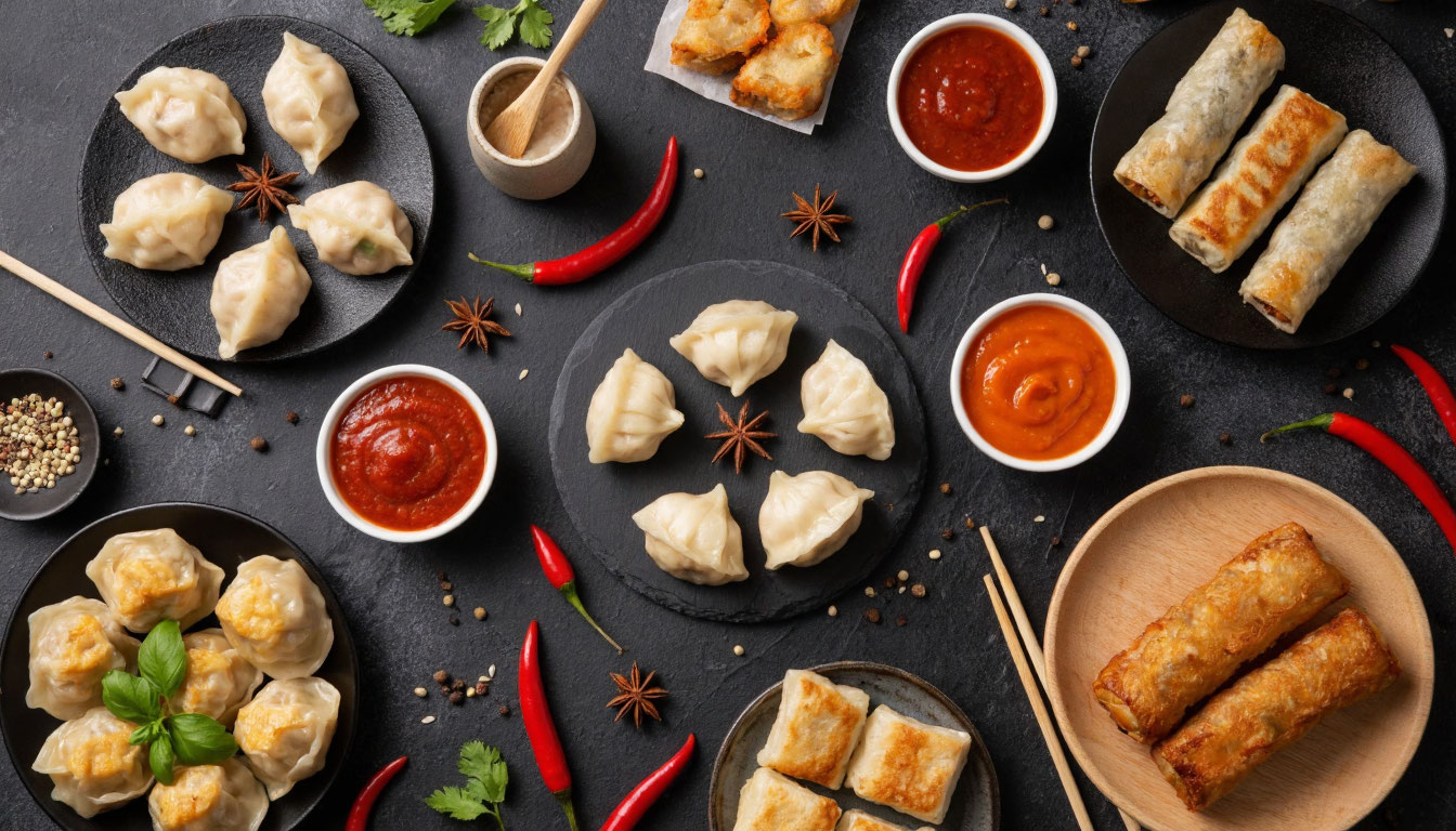 Разнообразные азиатские закуски на каменной поверхности