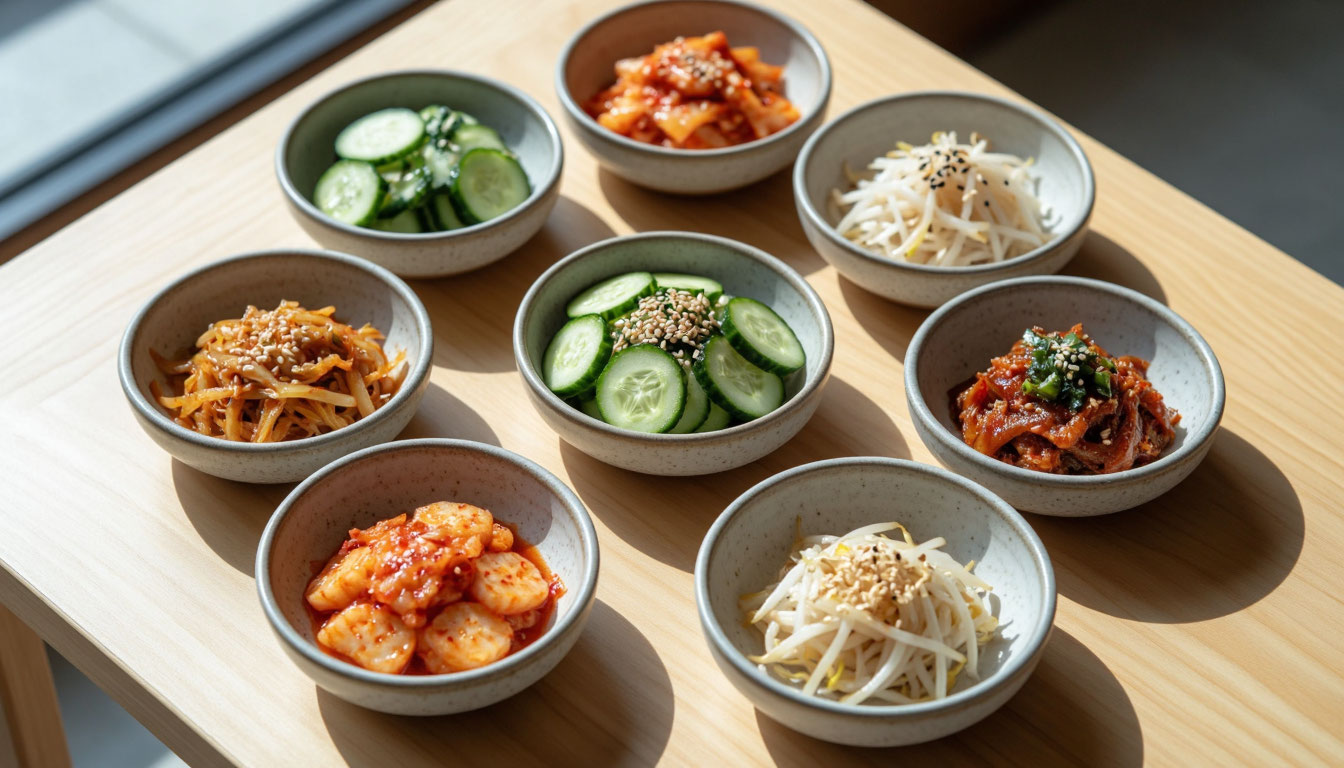 Сет традиционных корейских закусок панчхан на столе