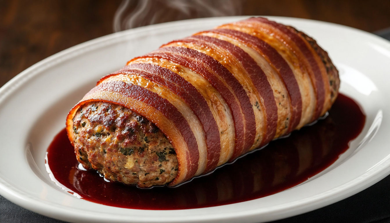 Запеченный фальшивый заяц в хрустящем беконе