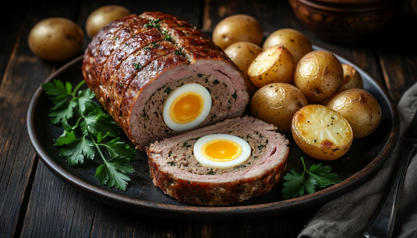 Традиционный мясной рулет Фальшивый заяц с яйцом внутри