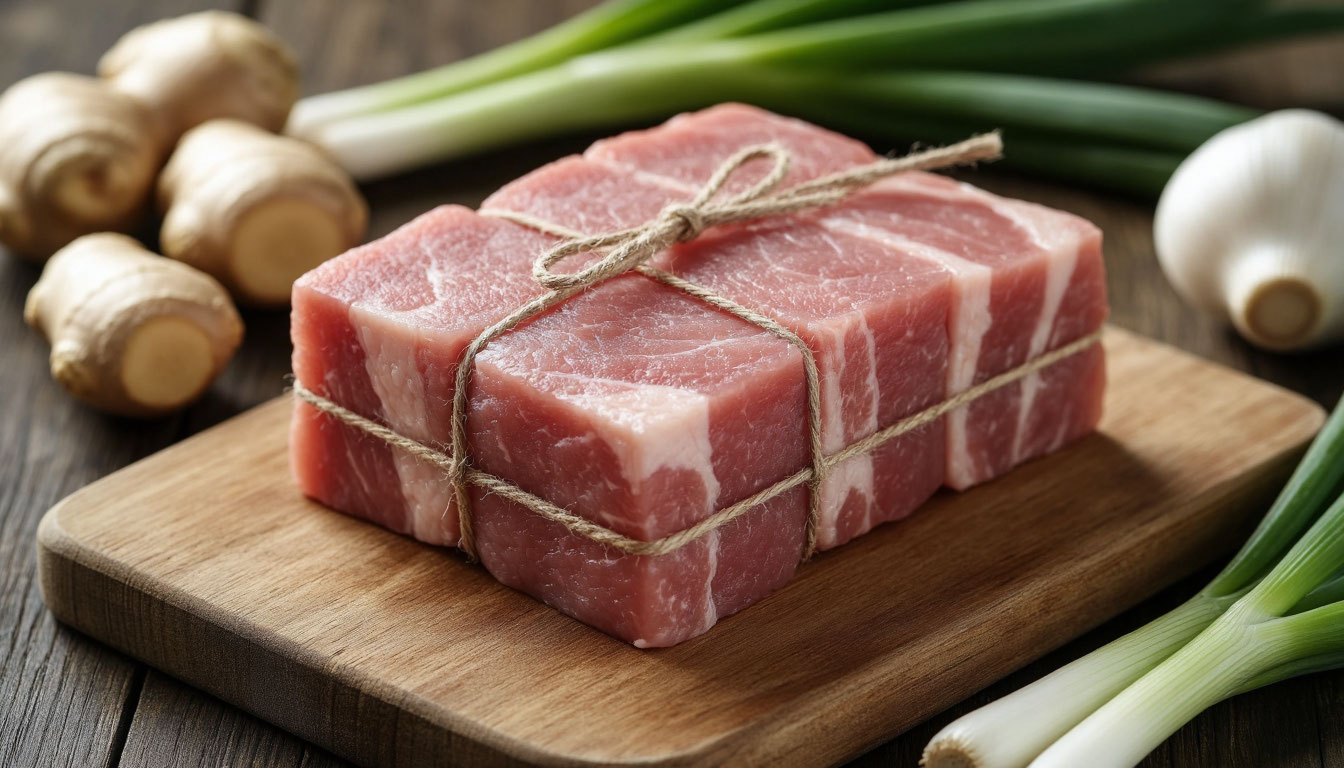 Подготовка и обвязывание кубиков свиной грудинки для Дунпо