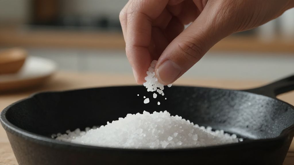 Щепотка морской соли над сковородой крупным планом