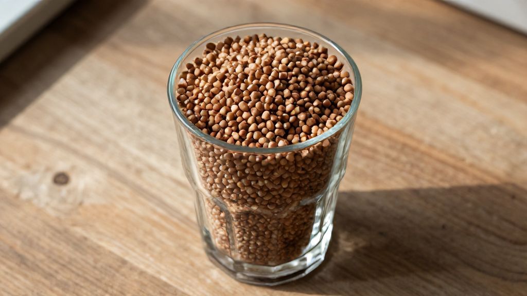 Граненый стакан наполненный сухой гречневой крупой на столе