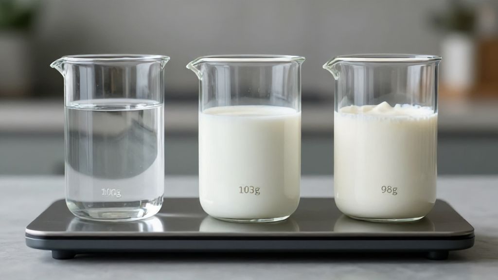 Сравнение веса воды, молока и сливок