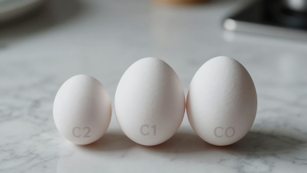 Сравнение размеров яиц категорий С2, С1 и СО на кухонном столе