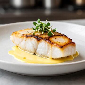 Идеально поджаренное сочное филе рыбы на тарелке в ресторане