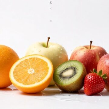 Свежие фрукты и ягоды в каплях воды на светлом фоне для долгого хранения