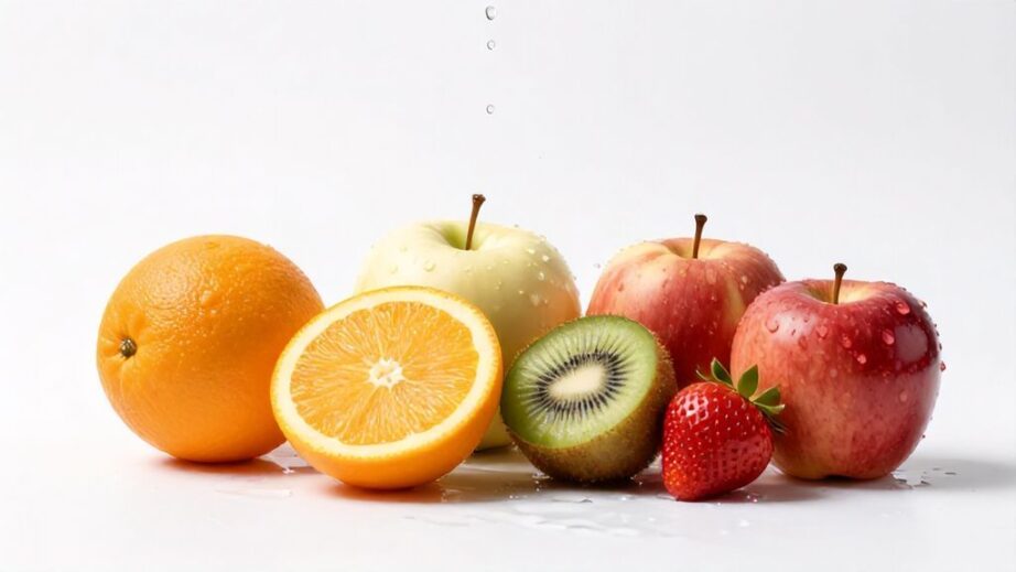 Свежие фрукты и ягоды в каплях воды на светлом фоне для долгого хранения