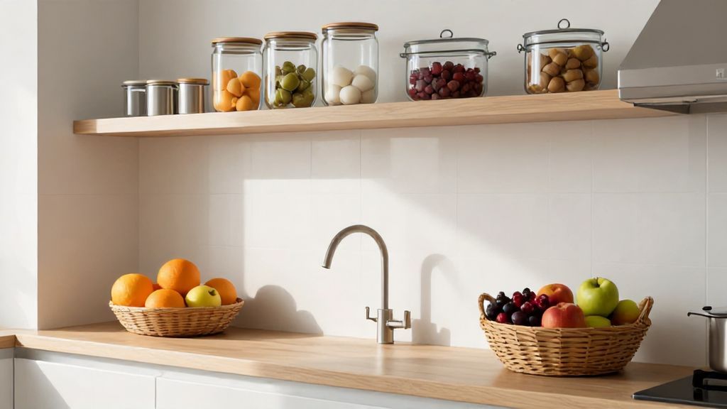 Организованное хранение свежих фруктов на современной кухне в контейнерах и корзинах