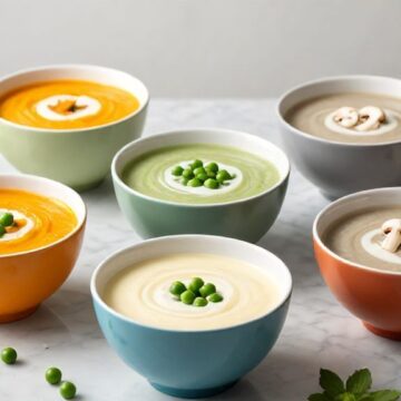 Разноцветные овощные супы-пюре в глубоких мисках на светлом фоне
