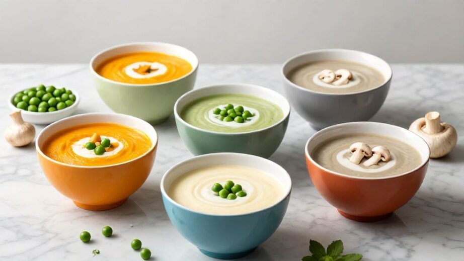 Разноцветные овощные супы-пюре в глубоких мисках на светлом фоне