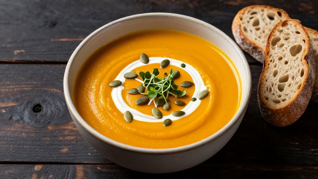 Густой тыквенный суп-пюре со сливками и семечками на темном деревянном столе