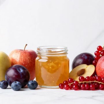 Свежие фрукты и баночка натурального варенья без сахара на светлом фоне