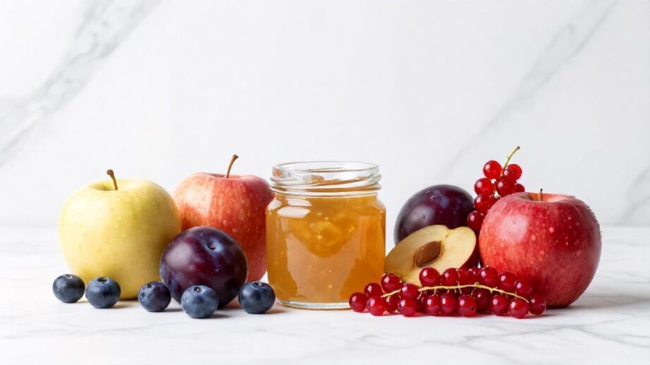 Варенье без сахара Свежие фрукты и баночка натурального варенья без сахара на светлом фоне