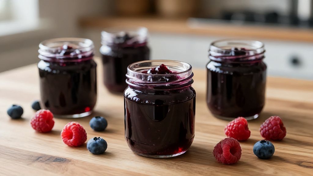 Стеклянные банки с ягодным вареньем без сахара на деревянном столе с россыпью свежих ягод
