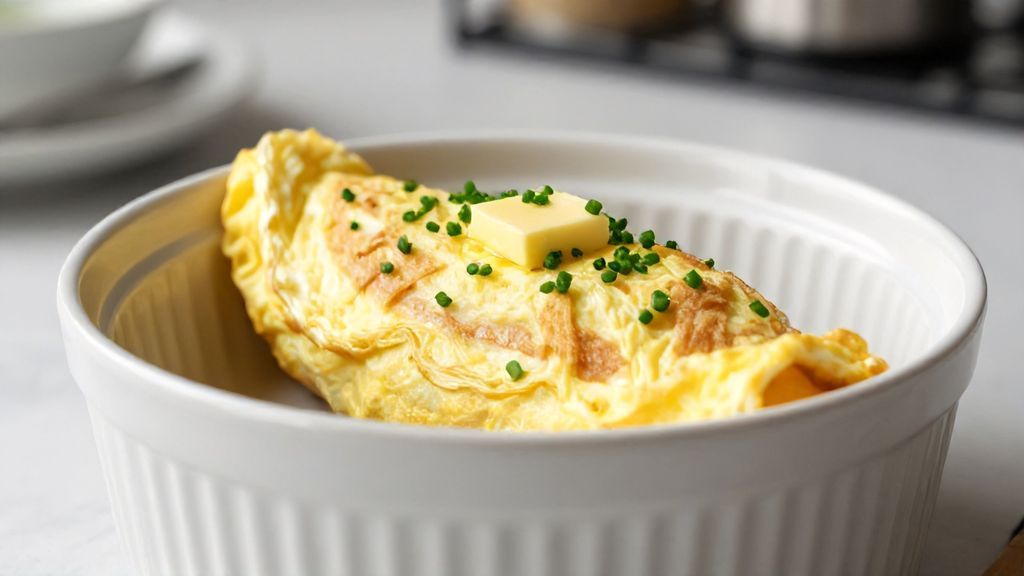 Воздушный паровой омлет в белой керамической форме с зеленью и маслом