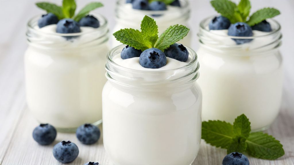Домашний натуральный йогурт в стеклянных баночках с черникой и мятой