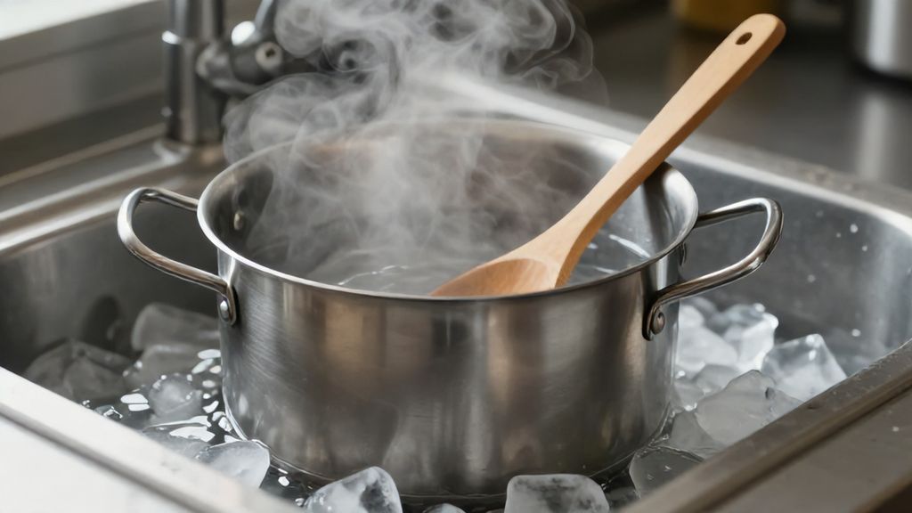 охлаждение кастрюли с супом в раковине со льдом