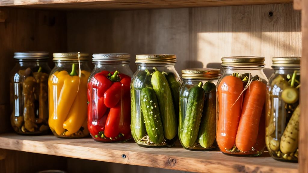 консервированные овощи в стеклянных банках на деревянной полке