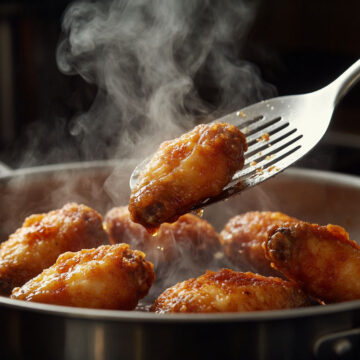 Золотистые куриные крылышки достают шумовкой из кипящего масла во фритюре.