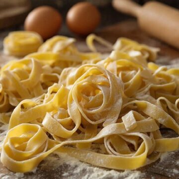 Свежая домашняя паста тальятелле на деревянном столе, посыпанном мукой.