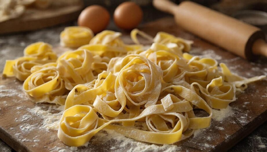 Свежая домашняя паста тальятелле на деревянном столе, посыпанном мукой.