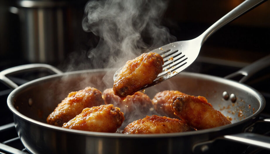Золотистые куриные крылышки достают шумовкой из кипящего масла во фритюре.