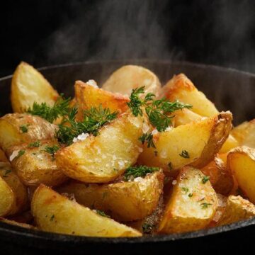 Золотистый жареный картофель с укропом на чугунной сковороде