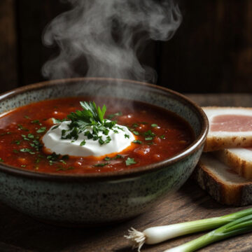 Тарелка горячего красного борща со сметаной, зеленью и черным хлебом на темном деревянном столе.