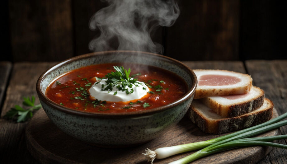 Тарелка горячего красного борща со сметаной, зеленью и черным хлебом на темном деревянном столе.